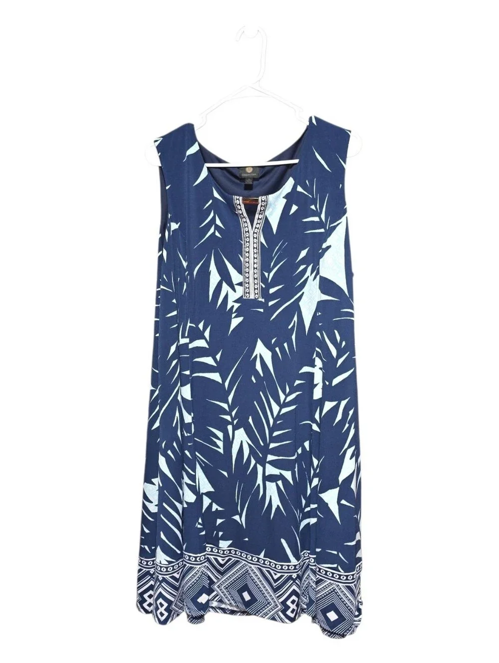 JM Collection plus size sleeveless A-line dress in navy and Lt Blue palm Print - Picture 2 of 11